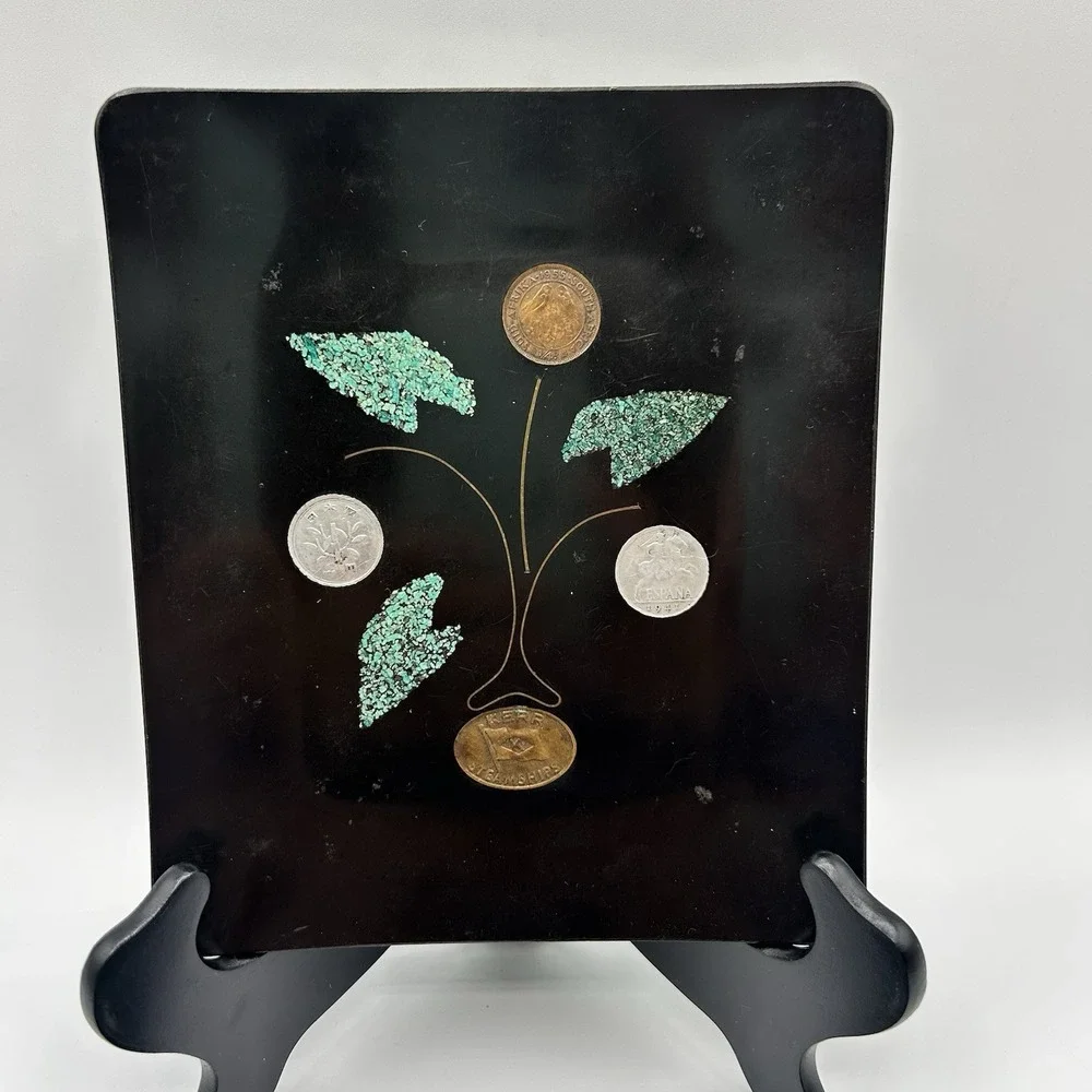 Vintage Couroc of Monterey Coin Turquoise Inlay Trays Set of 2 MCM California